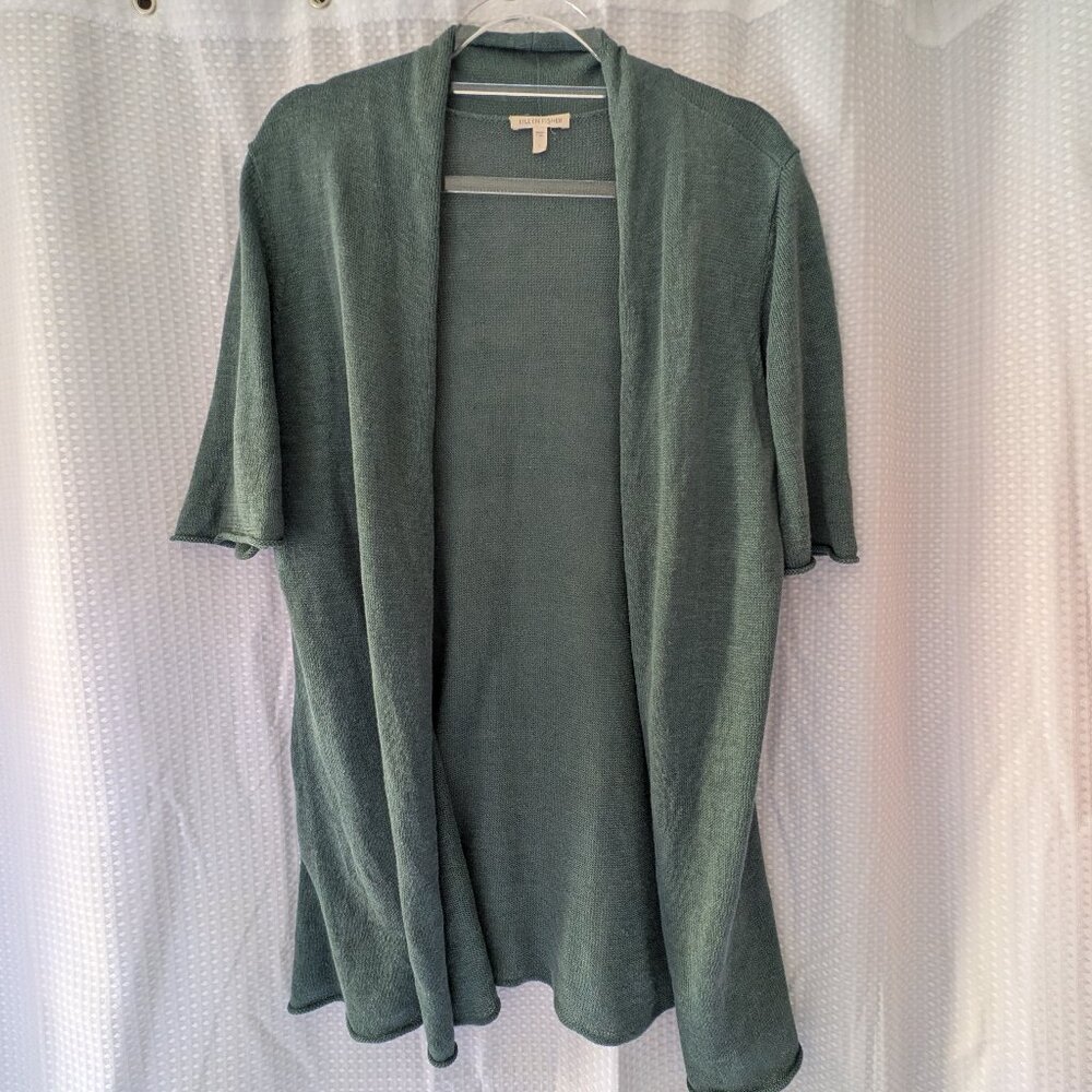 Eileen Fisher Open Front Linen Cardigan‎ Elbow Sleeve Size Large Muted Teal